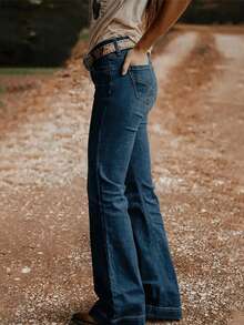Quần jeans nữ ống loe co giãn, có túi sau thêu họa tiết, kiểu dáng thường ngày, thích hợp cho mùa xuân. - Màu xanh hải quân - Xem 3