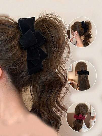1pc Premium Velvet Multi-Layer Bow Banana Clip, Women's Back Of The Head Hair Clip, Ponytail Clip Hair Accessory, Women's Layered Ribbon Hair Clip, Ponytail Accessory Hair Clip, Birthday, Christmas, New Year, Valentine's Day, Very Suitable For Mother's Day Couples Fashion Claw Clips,Women Hair Clutch,Elegant Hair Claw