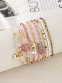 8pcs Girls' Casual Versatile Handmade Bohemian Style Pearl Bracelets - Baby Pink - View 6