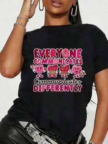 Everyone Communicates Differently Valentine'S Day T-Shirt - Speech & SLP Graphic Tee With Retro Candy Hearts & AAC Symbols - Soft Breathable Unisex Crew Neck Short Sleeve Shirt For Therapists, Speech Pathologists, - Lightweight Machine Washable Casu - 黑色 - 查看 4