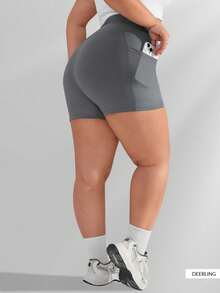 Shorts de yoga taille haute noirs pour femmes grandes tailles, contrôle du ventre, avec poches, convient pour le fitness, le cyclisme, la course et diverses occasions estivales - Gris foncé - Voir 5