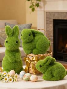 3pcs Easter Bunny Home Decor, Artificial Moss Rabbit For Easter Decorations,Cute Bunny Figurines As Spring Decor - Green - View 1