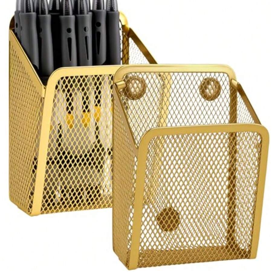 Magnetic Pencil Holder Mesh Metal Pen Basket Magnetic Writing Utensil Organizer For Office Kitchen Whiteboard Locker Golden 2Pcs - 金色 - 查看 1