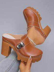 Women's Spring/Autumn New Mule High Heel Shoes, Fashionable Elegant Brown Closed Toe Thick Heel Slip-On Shoes, Suitable For Daily, Commute, Office, Date, Party, Evening, Versatile Platform Super High Heel Sandals - Brown - View 2