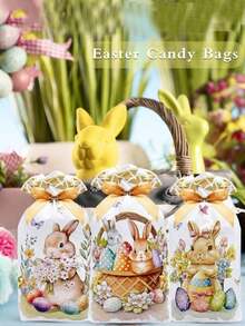 10pcs Easter Bunny & Egg Pattern Gift Bags, Made Of Plastic, Easter Drawstring Candy Bags, Candy And Snack Packaging Bags, Gift Wrapping Supplies, Suitable For Easter Parties, Birthday Parties And Theme Parties. - Multicolor - View 2
