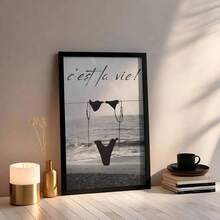 1pc Frameless 'This Is Life' Quote Wall Art - French Saying Minimalist Bikini Beach Print, Black White Retro Coastal Bathroom Decor For Bedroom Dorm Home Office Classroom, Vintage Style Poster & Best Gift Choice - Multicolor - View 3