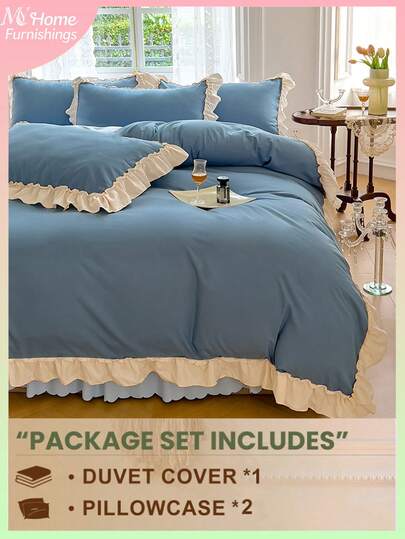 3pcs Blue Floral Lace Bedding Set - 1 Duvet Cover & 2 Pillowcases, Soft & Comfortable Home Textile, Available In Multiple Colors, Suitable For Dorm Rooms, Simple & Fashionable Bedroom Decor, Machine Washable, No Filling