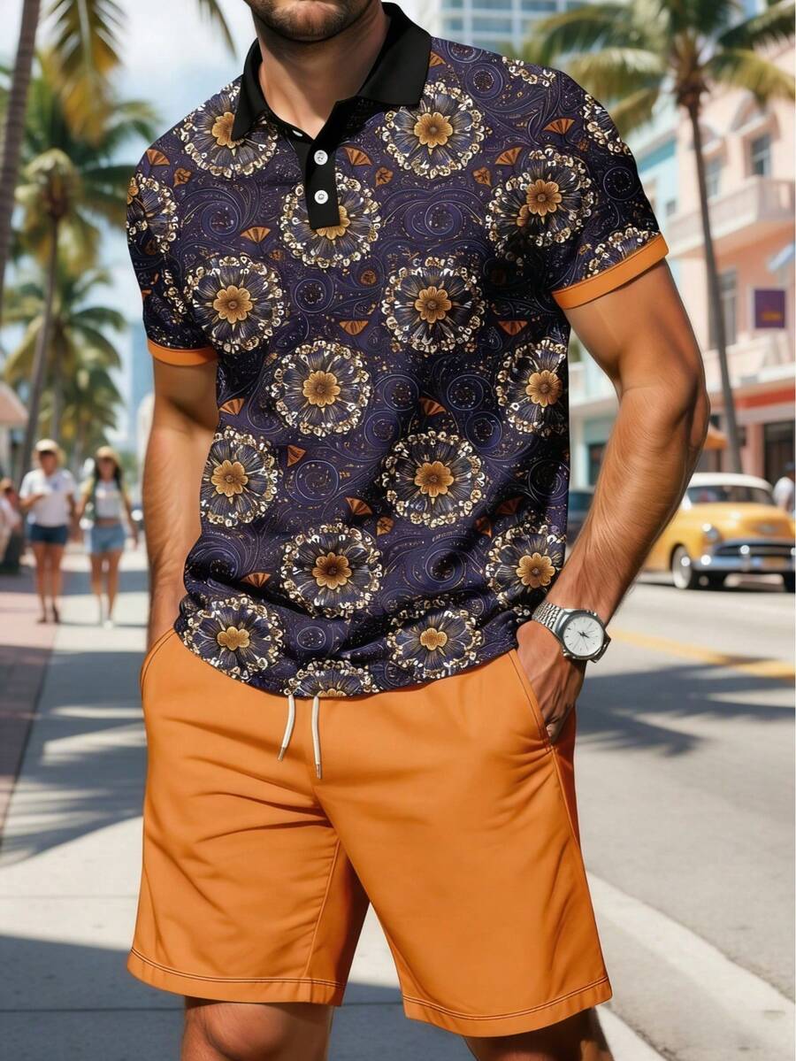 Conjunto de camisa polo y pantalones cortos de estilo casual y retro para hombre - Multicolor - Ver 1