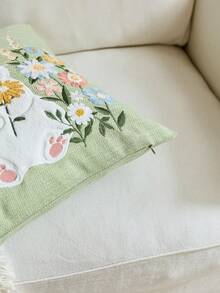 1件复活节绿色兔子与野花刺绣抱枕套，春季花卉抱枕套，适合室内装饰，春夏装饰枕套，不含枕芯 - 綠色 - 查看 9