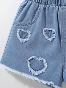 1pc Girls' Casual Loose Fit Denim Shorts, Comfortable & Versatile, Fashionable With Heart & Tassel Decor, Elastic Waist, Blue - Medium Wash - View 3