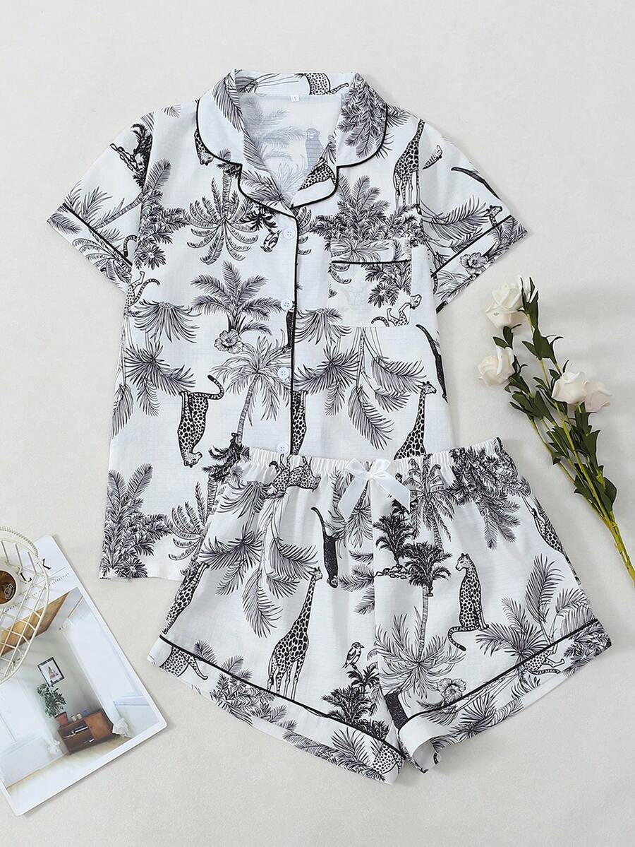 [Dreamery]Giraffe & Monkey Print Short Sleeve Shorts Pajama Set For Women - Black - View 1