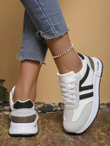 Zapatillas retro de suela gruesa, parte superior reforzada, adecuadas para correr, para mujer - Blanco y Negro - Ver 4