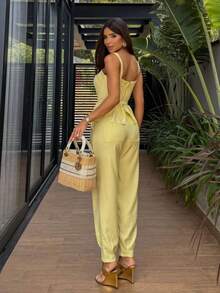 Elegant Women's Set: Blouse With Belt And Tailored Trousers. Elegant, Conservative/Modest, Casual, Belted, Evening, Wedding, Office, Summer. - 鵝黃色 - 查看 2