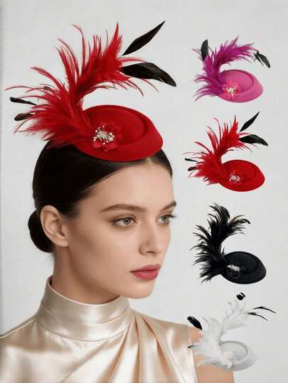 1pc Vintage British Glam Feather Fascinator Hat With Pearl Rhinestone Flower Inlay, Felt Base Secure Clip Headpiece For Women Brides Ladies, 3D Plume Decor Eye-Catching Formal Headwear, All-Season Luxury Accessory For Kentucky Derby Wedding Cocktail Party Ascot Race Day Banquet