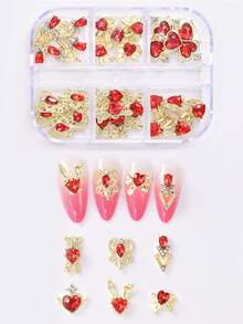 6颗3D红色镀金合金心形美甲水钻，水晶心形美甲宝石，情人节美甲饰品 - 紅色 - 查看 6