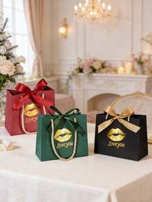 10个/1个/情人节带提手礼品袋，尺寸5.5 x 2.4 x 4.7英寸，唇形LOVE黑色迷你礼品袋，带蝴蝶结丝带，小型派对礼品袋，批量供应，适用于复活节、母亲节、情人节、送礼、婚礼等场合。 - 墨綠色-嘴唇款[手提] - 查看 10