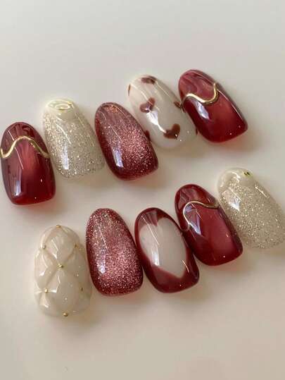 バレンタインデー 10個入り レッドグリッター キャットアイ ホロウハート フルカバー ハンドメイド ネイルアート ステッカー、ゴールドと白で装飾、再利用可能、4サイズ展開、女の子/女性、パフォーマー、ステージショー、フェスティバル、パーティー、結婚式、日常使いに適したネイルサプライ