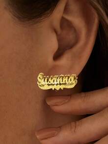 Customized Double-Layer Name Earrings, Stainless Steel 3D Name Plate Heart-Shaped Earrings, Shiny Bohemian Matte Earrings, Elegant European & American Style Jewelry, Personalized Gift For Girlfriend, Suitable For Birthday, Holidays, Daily Matching, Mother's Day, Christmas, And Gifts For Family - Gold - View 5