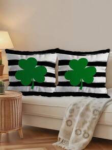 Fețe de pernă cu tematică de Ziua Sfântului Patrick, set de 2 bucăți, bază cu dungi alb-negru, imprimeu cu trifoi verde, față de pernă decorativă ultra moale de 45x45 cm pentru canapea, dormitor, zonă de relaxare - fără inserție - Alb-negru - Vizualizare 4
