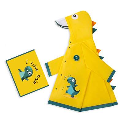 儿童隐形背包式雨衣，原创恐龙图案，轻盈EVA材质，柔软舒适面料，大帽檐，适合4-8岁男孩女孩户外雨天穿着，拉链口袋+按扣双重防护，宽松长款雨衣，适合花园和海滩穿着，四季皆宜。