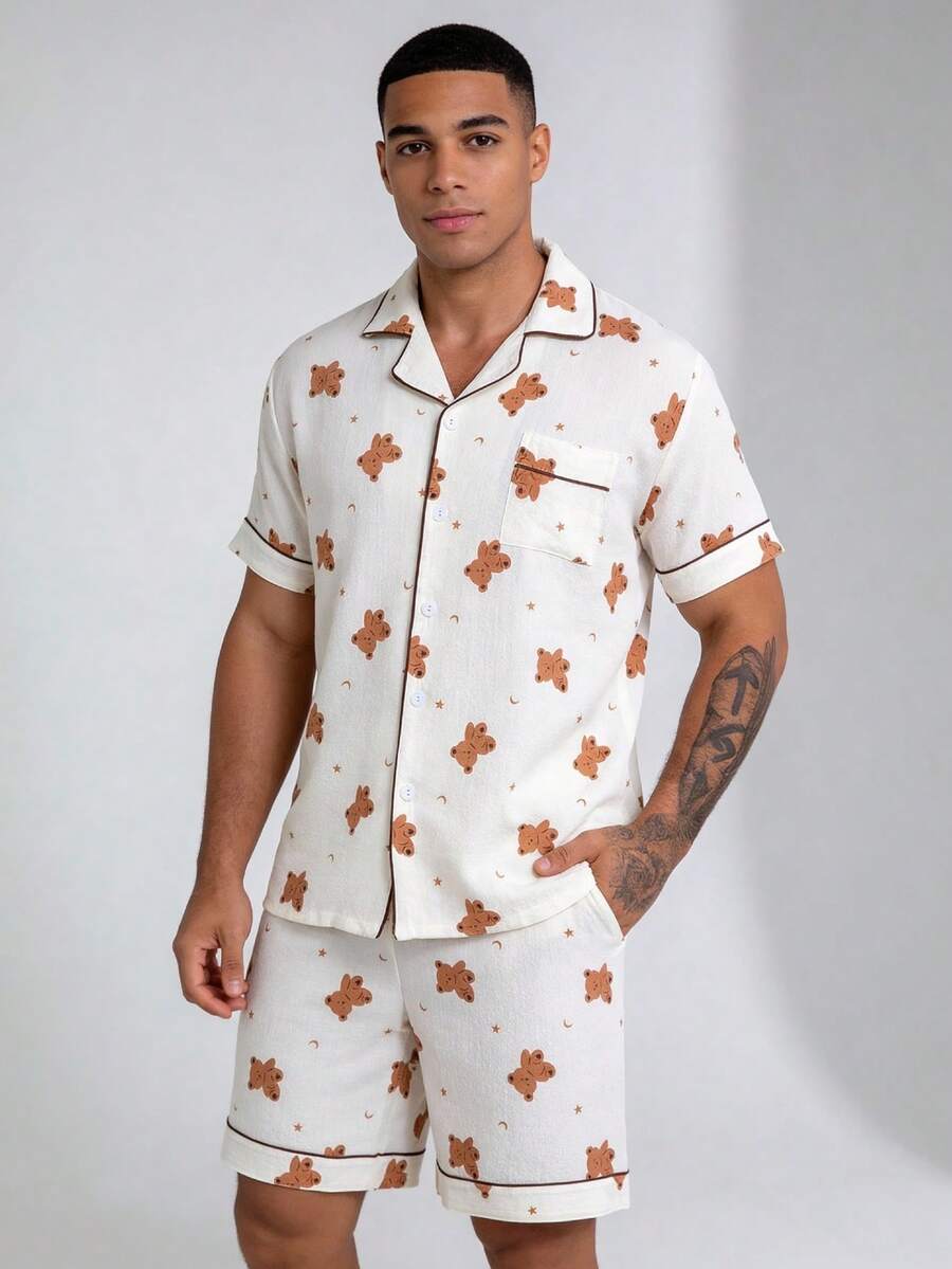 Snug League 2 Pieces Set, Men's Star & Moon Bear All-Over Print Short Sleeve Shorts Pajama Loungewear Set - Beige - View 1
