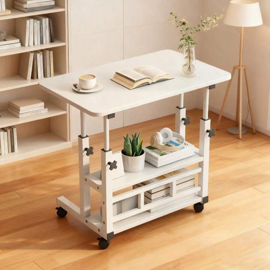 Height-Adjustable Ergonomic Folding Table With Wheels And Storage Shelf Standing Desk, Crafting Workstation, Durable Tabletop, Shelving Mobile Computer Desk With Universal Wheels, For Home Office, So - trắng - Xem 1