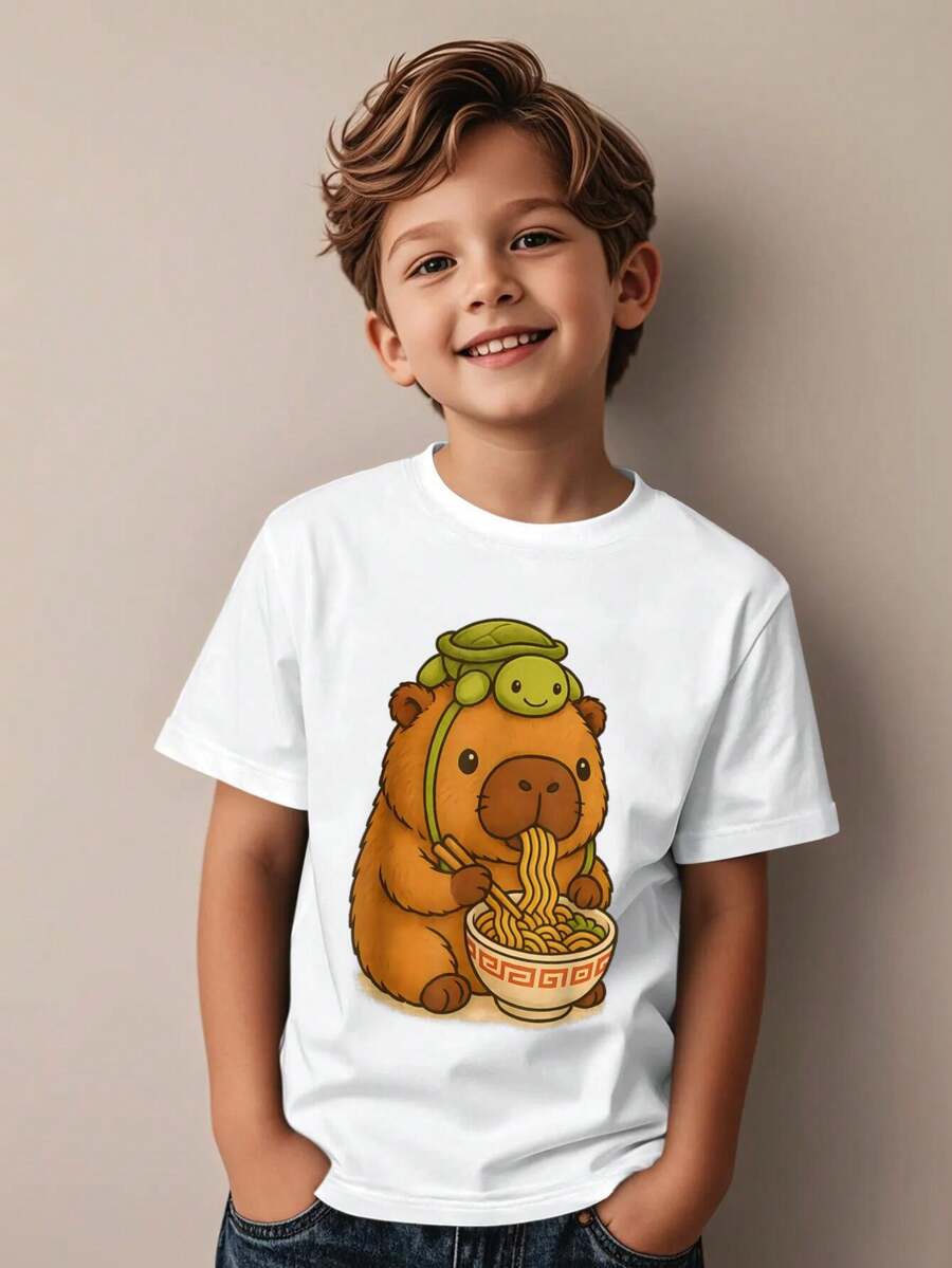 Soft Breathable Capybara Anime Ramen Turtle Funny Graphic Kawaii Capibara T-Shirt For Kids | Boys & Girls Graphic Tee - Round Neck Shirt For Early Elementary - Birthday Party Outfit Or Everyday Play Clothes - Easy-Care Parent-Favorite Apparel, Kids Casual Wear, Vibrant Kids Fashion, Comfortable Top, Playful Design, Lightweight Clothing, Short Sleeve Tee - 白色 - 查看 1