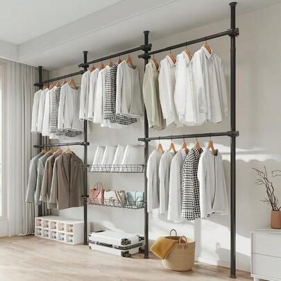 Garment Rack FloortoCeiling Clothes Rack Thick Steel, NailFree Installation, With 4 Pillars, 5 Bars, And 2 Mesh Shelves