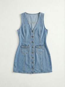Jkorea Women's V-Neck Sleeveless Denim Mini Dress - Button Front Snatched Waist Dress Summer Aesthetic Streetwear - Rửa nhẹ - Xem 3