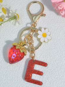 1 pezzo Portachiavi a forma di lettera con fragola rossa, ciondolo floreale carino, portachiavi minimalista per borsa, regalo per donne - Rosso - Visualizzare 7