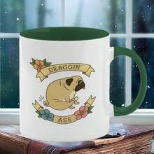 1pc Cute Pug Dog Ceramic Coffee Mug With "Draggin' " Pug Quote & Slow & Steady Wins The Race Design - Dishwasher Tea/Cocoa Cup, Non-Slip Gift For Pug Lovers, Christmas, Birthdays, Housewarming (White Pug Face) - Deep Green - View 1