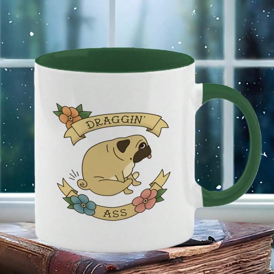 1pc Cute Pug Dog Ceramic Coffee Mug With "Draggin' " Pug Quote & Slow & Steady Wins The Race Design - Dishwasher Tea/Cocoa Cup, Non-Slip Gift For Pug Lovers, Christmas, Birthdays, Housewarming (White Pug Face) - Deep Green - View 1