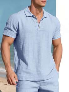 男士浅蓝色短袖亚麻polo衫，透气舒适，适合海滩和夏季休闲穿着。 - 淺藍色 - 查看 1