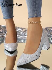 LangMoon 2026 New Arrival Silver Glitter Thick Heel High Heels - Comfortable Versatile Sexy Design, Shiny Sequin Lights Ins Chic European & American Sexy , Suitable For Parties, Gatherings, Nights Out And Casual Stylish Outfits, Premium Soft Insole Non-Cramping Women High Heels, Ideal For Wedding Season And Various Holidays - Silver - View 4