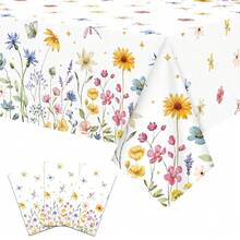 Pedenty 3-Piece 54 X 108 Inch Spring Floral Plastic Tablecloth – Wildflower And Butterfly Design, Disposable Rectangle Table Cover For Garden Parties, Ba By Showers, Picnics, And Spring Decorations - SpringFloral - View 1