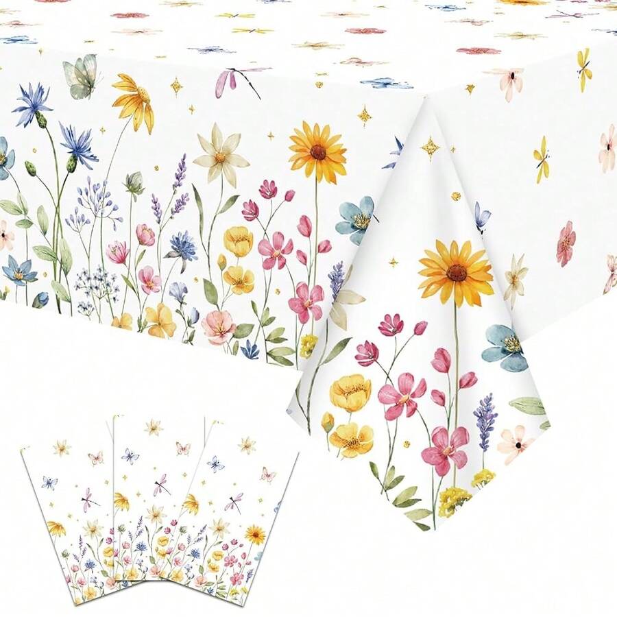 Pedenty 3-Piece 54 X 108 Inch Spring Floral Plastic Tablecloth – Wildflower And Butterfly Design, Disposable Rectangle Table Cover For Garden Parties, Ba By Showers, Picnics, And Spring Decorations - SpringFloral - View 1