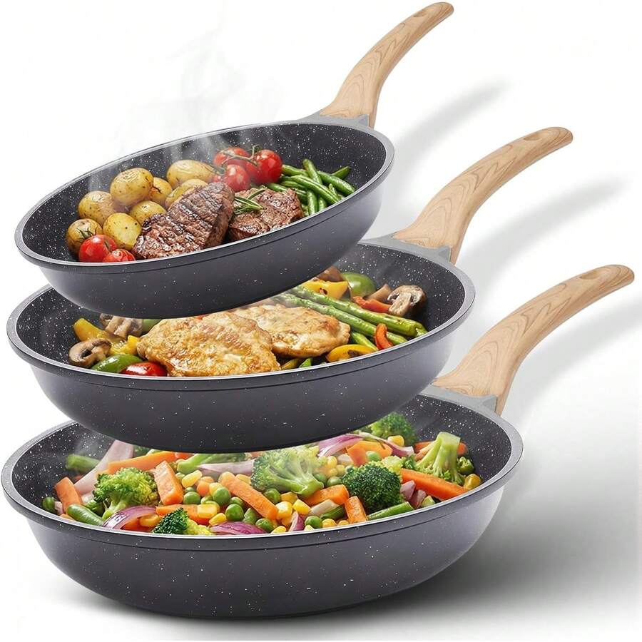 Juego de Sartenes Antiadherentes, 3 Pzas Sartenes 20 CM 24 CM y 28CM Libre de PFOA, Conducción Uniforme y Rápida para Estufas de Gas, Eléctrica, Cerámica (Negra, 20+24+28CM) - Crema - Ver 1
