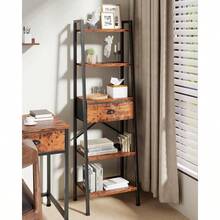5 Tier Ladder Shelf, Tall And Narrow Bookshelf With Drawer,Standing Bookcase Units, Industrial Open Display Shelves Organizer For Bathroom,Kitchen,Bedroom,Living Room,Rustic Brown - Nâu mộc mạc - Xem 3