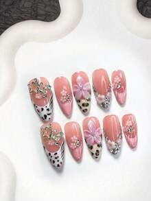 Bộ 10 móng giả kiểu Pháp màu hồng thủ công, họa tiết hoa, sao, da báo, lượn sóng, 3 kích cỡ: hình hạnh nhân, hình mỏ vịt, hình quan tài, phù hợp cho sử dụng hàng ngày, các dịp trang trọng, tiệc tùng, đám cưới, bao gồm dũa móng và 1 miếng dán móng dạng gel. - Nhiều màu - Xem 16