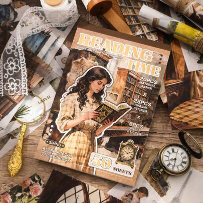 Libro de pegatinas de gente leyendo, 20 papeles para scrapbook, 25 pegatinas de washi precortadas y 5 pegatinas de papel para diarios, scrapbooking, diarios de balas, planificadores, diarios, kit de suministros de scrapbooking, manualidades y artes para adultos