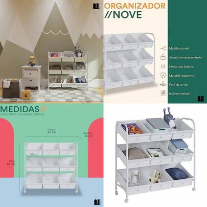 asfdMUBSON Juguetero Organizador Infantil con 9 cajones y Ruedas de Desplazamiento. Organizador Infantil Nove. Baul para Juguetes para el Cuarto de niños. Toy Storage Blancows