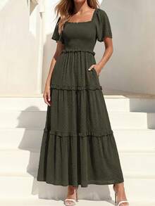 Women's Bohemian Summer Dress - Swiss Dot Smocked Square Neck Short Sleeve Maxi Dress For Spring Wedding Guest & Vacation - xanh quân đội - Xem 2