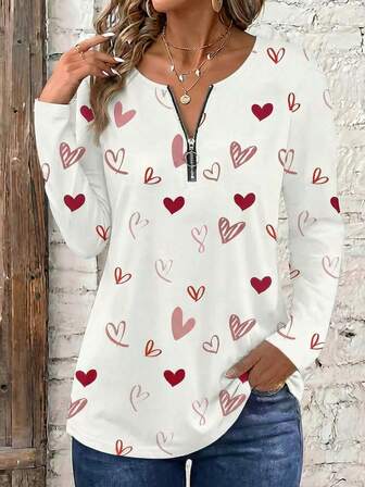 Women's Elegant Long Sleeve Zip-Up Top, Heart Pattern - White, Round Neck, Stretchy Polyester Blend Fabric, Suitable For Casual Wear In Spring And Autumn, Zip-Up Top | Slim Fit