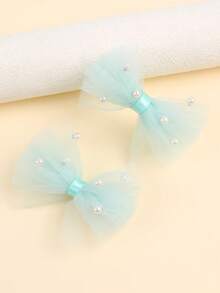 2个网状蝴蝶结发夹，纯色鸭嘴夹，优雅珍珠发夹，甜美发饰，适合日常佩戴和生日派对，可爱头饰，青少年情人节礼物 - 薄荷綠 - 查看 2