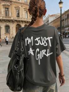 Tricou de vară pentru femei, cu imprimeu personalizat, cu guler rotund, stil de purtare zilnică, I'am Just Girl. Tricouri grafice pentru femei - Gri inchis - Vizualizare 6