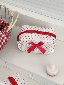 Bolsa con cremallera de tela suave con decoración de pequeño corazón rojo y lazo, bolsa de maquillaje portátil para uso diario o viajes, almacenamiento conveniente para artículos pequeños, elegante y bonita para el dormitorio universitario o necesidades diarias - Multicolor - Ver 3