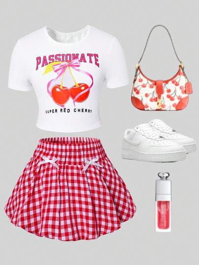 Purechapter 2pcs/Set Tween Girls Summer Fashion Round Neck Knit Cherry Print T-Shirt And Cute Plaid Flare Skirt Set, Suitable For 8-12 Years Old Girls Daily, Outdoor, Vacation, Holiday Party, Gift