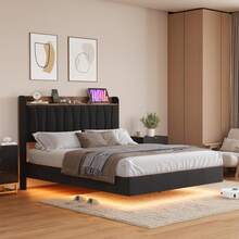 Queen-Size Floating Bed Base With LED Lights And Charging Station, Upholstered Platform With Storage Headboard, Wooden Slat Support, No Box Spring Needed - Black - View 3