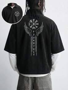 男士夏季华夫格雪花图案花卉字体 Polo 衫 - 黑色 - 查看 3