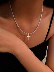 925 Sterling Silver Cross Necklace, Inlaid With Cubic Zirconia, Shiny Chain Necklace, Suitable For Women And Girls